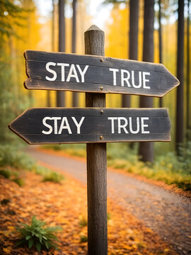 vintage and rustic wooden signpost with the weathered text quote stay true, outdoors in nature. blurred out forest fall colors in the background.