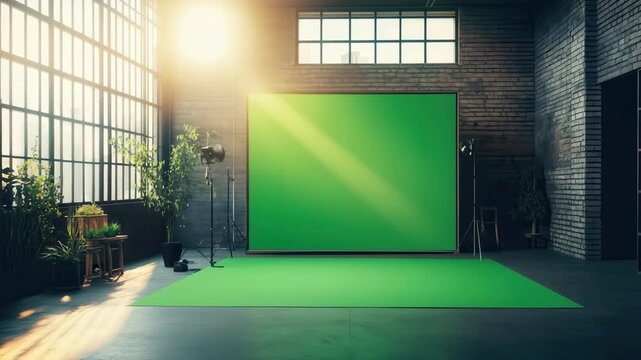 Modern photo studio with green screen and softboxes lighting up the scene