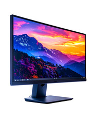 Sleek, dark-grey widescreen monitor displays vibrant mountain sunset scene
