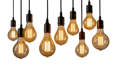 Vintage Edison Light Bulbs Collection with Warm Glow Filaments Isolated PNG