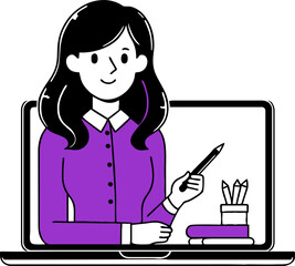 Fototapeta premium Online education, distance learning concept. A student's workplace with a laptop showing a teacher giving an online lesson. Vector illustration in flat cartoon style