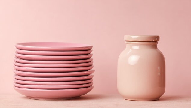 Stacked pink plates beside a beige jar on a pink background
