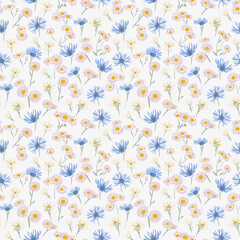 Seamless floral vector pattern with delicate pink daisies, blue cornflowers, and yellow wildflowers on a light background. Designs for fabric, stationery, and spring decor