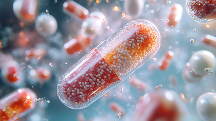 Effective medicine, vibrant capsule pill with red and orange granules for health and wellness, perfect for ads about medication and pharmaceutical research