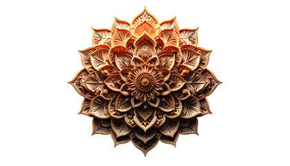 Intricate, golden-brown mandala carved in high relief, radiating symmetry and ornate floral detail against a black background