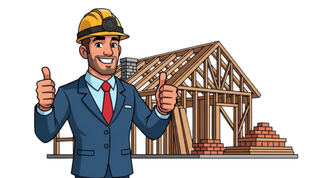 Construction worker gives thumbs up at building site success project