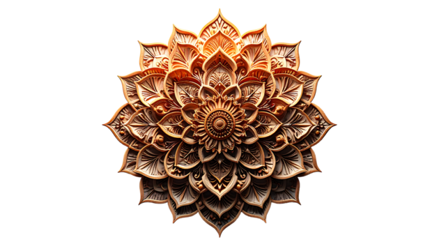 Intricate, golden-brown mandala carved in high relief, radiating symmetry and ornate floral detail against a black background - Powered by Adobe