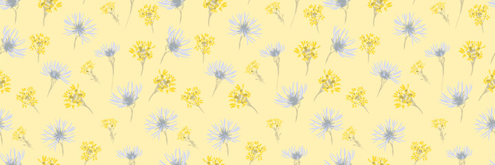 Seamless vector pattern with yellow background, featuring delicate wildflowers in soft blue and golden tones. Designs for textiles, wallpaper, and spring decor