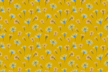 Seamless vector pattern with delicate blue and pink wildflowers on a warm mustard background. Designs for textiles, wrapping paper, wallpapers, and creative projects
