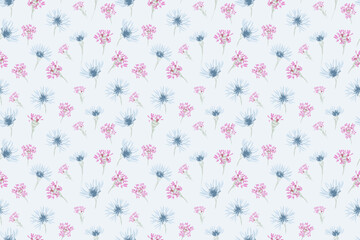 Seamless vector pattern with soft blue and pink wildflowers on a light pastel background. Template for fabrics, gift wrap, wallpapers, and romantic design projects
