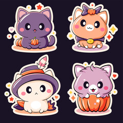 Adorable cats set. Happy Halloween collection with cute kitty in kawaii style. Can be used for t-shirt print, sticker, greeting card, badge design. Vector illustration EPS8