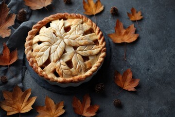 Delicious Autumn Pie with Leaf Design Surrounded by Fall Leaves