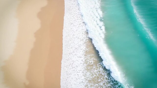 Aerial view of waves on a sandy tropical beach. Oncoming waves crashing against the sandy tropical shore over and over again. Aerial drone top view of sandy and wavy beach.