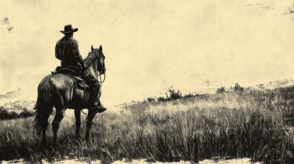 Cowboy on Horseback, Western Plains Landscape, Inspiring