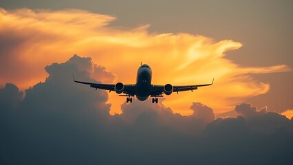 Airplane ascending at sunset with golden clouds, dramatic sky.
