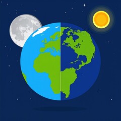 Stylized illustration of Earth, Moon, and Sun, depicting day and night hemispheres.