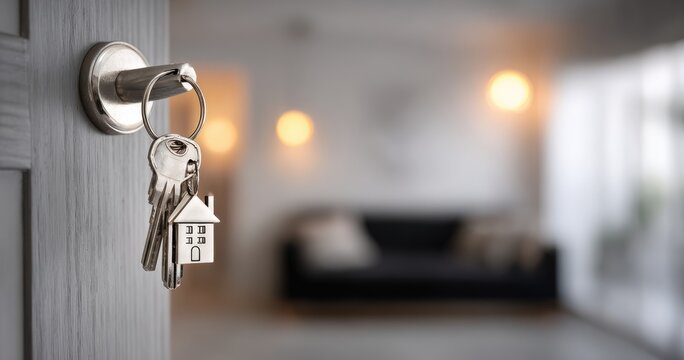 House keys hanging on a door, opening to a blurred interior