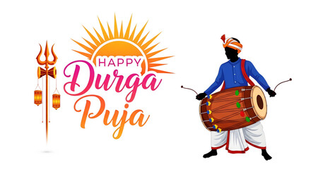Man playing dhol drum with Durga Puja text and trident isolated on a transparent background happy celebration.