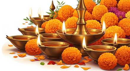 Brass oil lamps with marigold flowers and flickering flames isolated on a transparent background diwali.