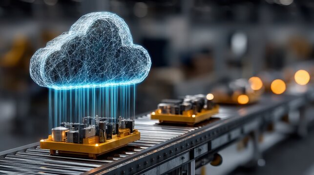 Factory sensors transmit data streams with glowing blue lights to cloud interface above production line in industrial setting