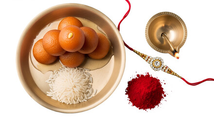 Traditional Indian sweets rakhi diya and kumkum for celebration isolated on a transparent background.