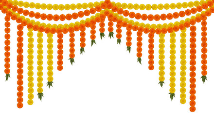 Festive Indian Marigold Garland Archway with Yellow and Orange Flowers isolated on a transparent background.