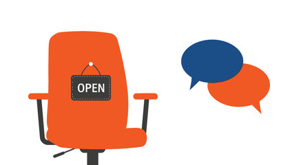 Job vacancy concept with an empty orange office chair and an open sign next to speech bubbles. Vector Illustrations. EPS Editable