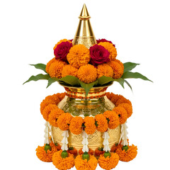 Golden Kalash Pot Decorated with Orange Marigolds and Red Roses isolated on a transparent background.