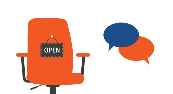 Job vacancy concept with an empty orange office chair and an open sign next to speech bubbles. Vector Illustrations. EPS Editable
