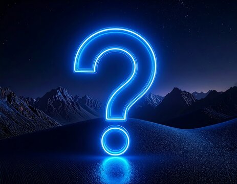 Neon question mark against a night mountain landscape