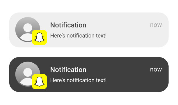 Snapchat notification alert icon. Social media notification template. Mobile app message notification on smartphone. User profile notification banner. Dark and light UI notification design vector