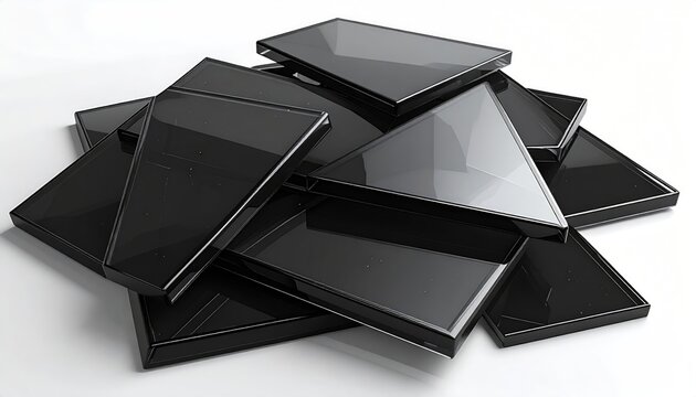 A pile of sleek, dark, geometrically shaped glass or plastic fragments reflect light on a white surface, creating a modern, abstract composition