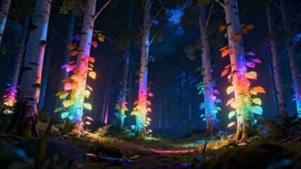 Nighttime Forest of Aspen with Radiant Rainbow Leaves