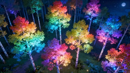 Aspen Trees with Rainbow-Glowing Leaves at Night