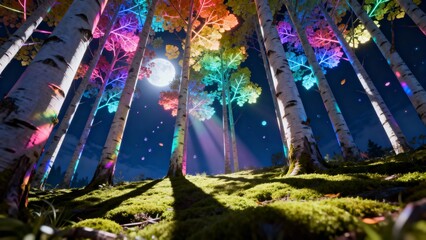 Dreamlike Aspen Trees with Glowing Multicolor Foliage