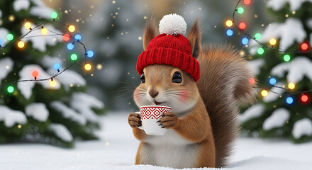 Adorable squirrel in a cozy red hat sips hot cocoa amidst festive winter lights