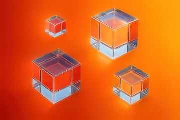 Obraz premium Clear glass cubes of different sizes sit on a bright orange and yellow surface, reflecting light and creating blue tints.