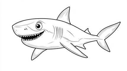 31.A vector cartoon shark designed for an alphabet coloring book for kids. The shark is outlined in black-and-white with bold, thick lines, making it easy for children to color. Its body is sleek and