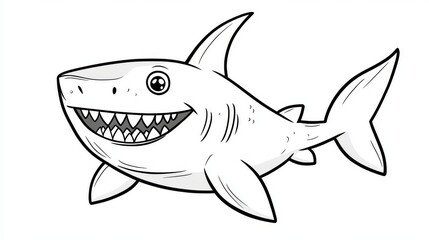 Obraz premium 32.A black-and-white vector illustration of a cartoon shark for a kidsâ€™ alphabet coloring book. The shark has a large, friendly face with big, round eyes and a wide grin. Its body is sleek and