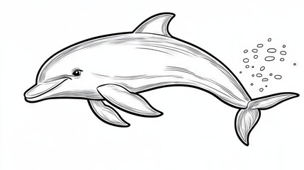 Fototapeta premium 37.A cute dolphin illustration in black and white, hand-drawn for a kids' coloring page. The dolphinâ€™s smooth, rounded body curves playfully as it leaps through the water. Its facial expression is