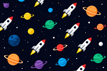 Naklejka premium Colorful cartoon rockets and planets on a starry space background