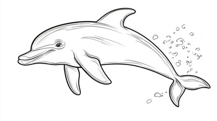 Fototapeta premium 40.A whimsical hand-drawn vector dolphin for a childrenâ€™s coloring page. The dolphin has a soft, curved body and is shown jumping gracefully out of the water, with a happy expression and playful