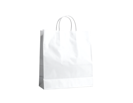 A pristine white paper shopping bag with slightly creased sides and double twisted paper handles sits against a black background