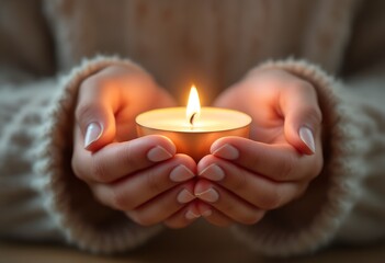 Close-up of cupped hands holding a lit tea light candle with a warm glow