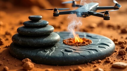 Scene of technological objects in the desert