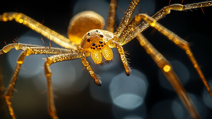 Intricate spider closeup with golden light creating a fascinating, slightly scary, yet beautiful detail shot for educational or arachnid themed content