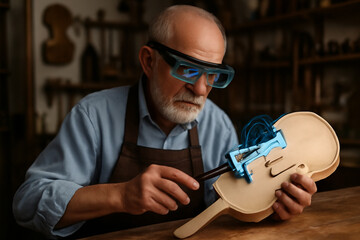 AI generated image of an elderly luthier working in a classic violin workshop using augmented reality glasses for precision. The blend of tradition and modern technology creates a perfect harmony.