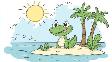 Naklejka premium 52.A playful kawaii-style cartoon alligator on a small tropical island, surrounded by palm trees and a serene blue ocean. The alligator is smiling and has exaggerated, adorable features like big eyes