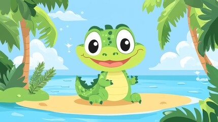 Naklejka premium 53.A kawaii alligator character smiling on a tropical island, set against a cheerful, clear blue sky and a calm ocean. The alligator is drawn in a fun, cartoonish style with big, expressive eyes and
