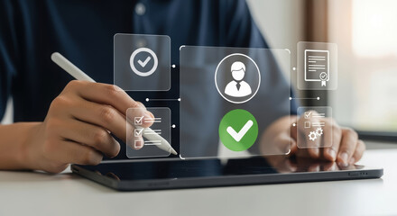 Individual using digital tablet with stylus, interacting with virtual interface displaying checkmarks and icons, representing modern technology and digital verification processes